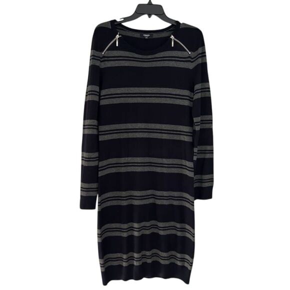 Premise Striped Knit Sweater Dress with Shoulder Zippers - Black & Gray Size L - Picture 1 of 5
